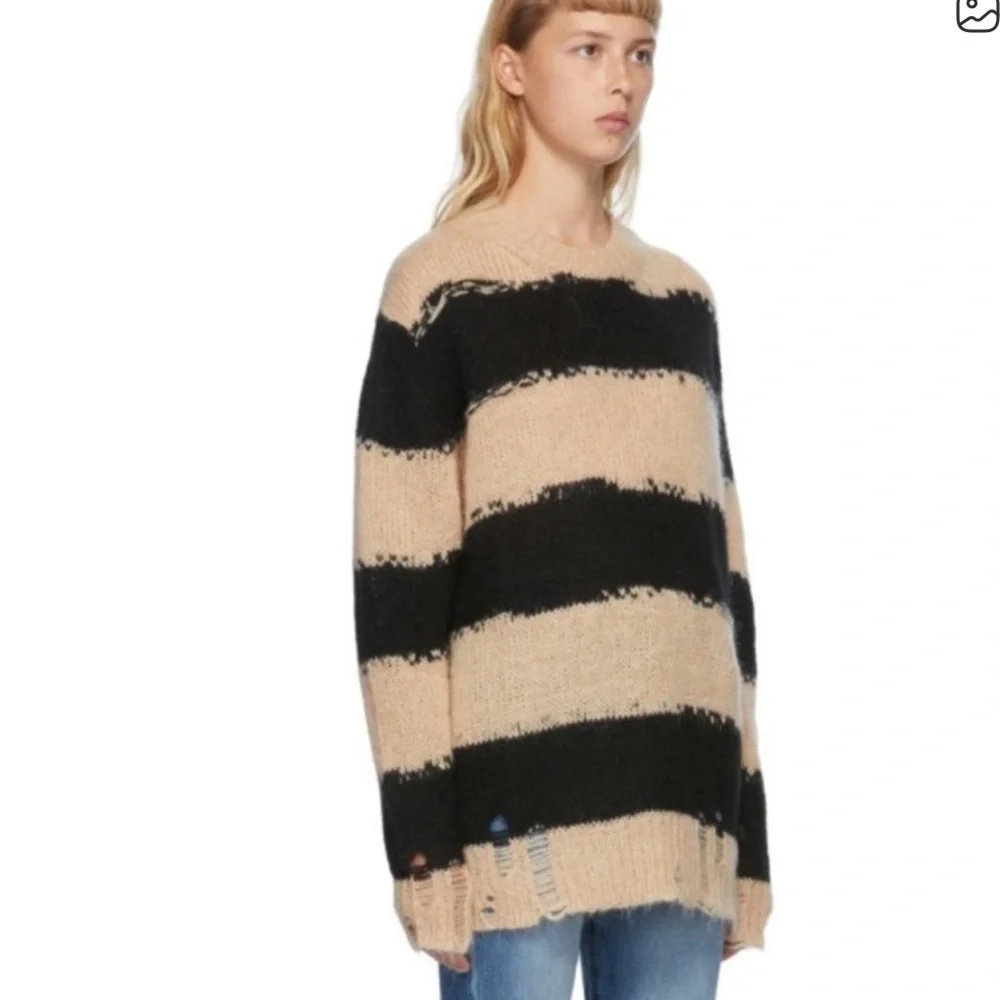 ACNE STUDIO Striped Distressed Crewneck beige black Sweater large